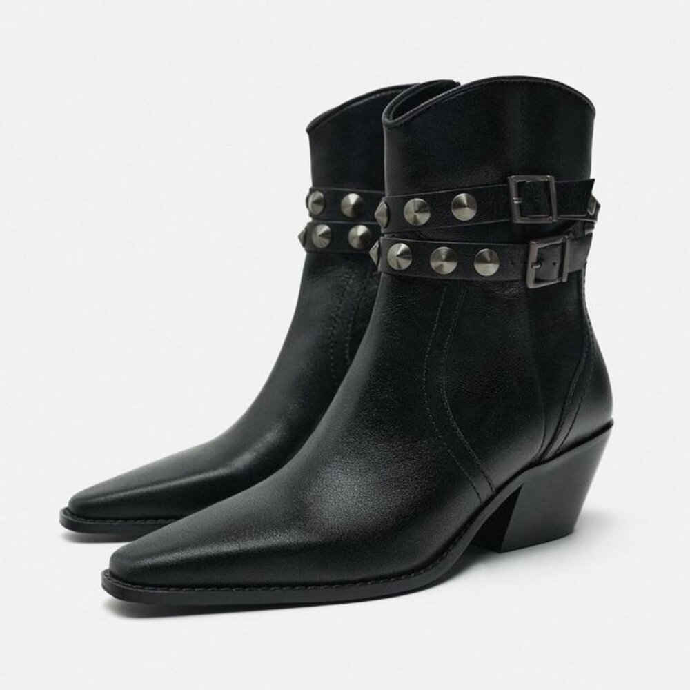Zara Studded Black Leather Cowboy Ankle Boots